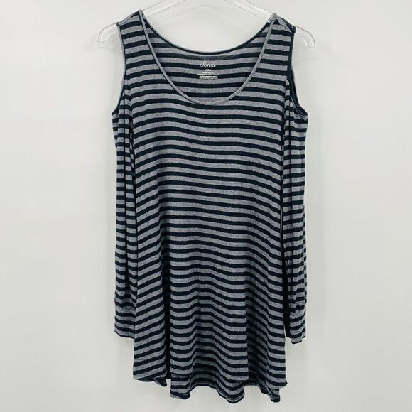 Soma Size Medium Black & Gray Striped Cold Shoulder Jersey Knit Tunic Top - Picture 2 of 8